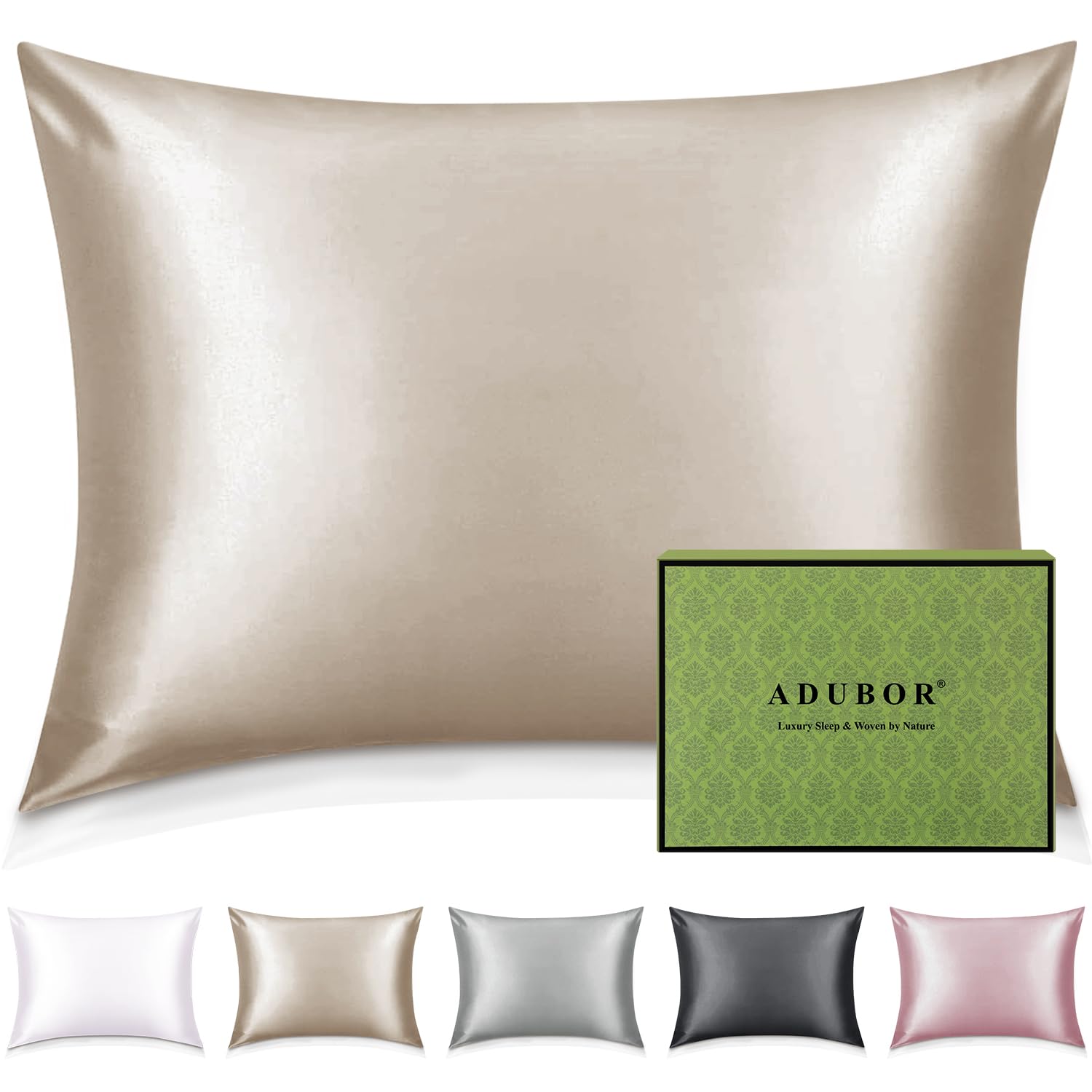 Adubor 100% Seidenkissenbezug 40x80cm für Haar und Haut, mit verstecktem Reißverschluss, beide Seiten, 23 Momme Seide, Fadenzahl 900 (Beige, 1 Stück)