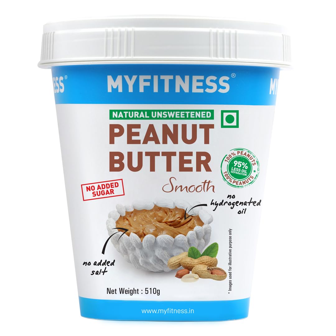 MYFITNESS Natural Unsweetened Peanut Butter Smooth, 18 Oz, 25 g Protein, Healthy Nut Butter, 100% Peanuts, No Added Sugar, Salt, 95% Less Oil Separation, Vegan, No Cholesterol, Gluten Free