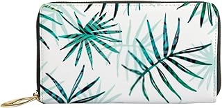 Carteiras femininas de couro legítimo, folhas de palmeira tropicais, porta-cartão de crédito, estojo com zíper, organizador de mão de couro, bolsa longa de viagem feminina, Folhas de palmeira tropicais exóticas, 7x4.3x0.8 Inches