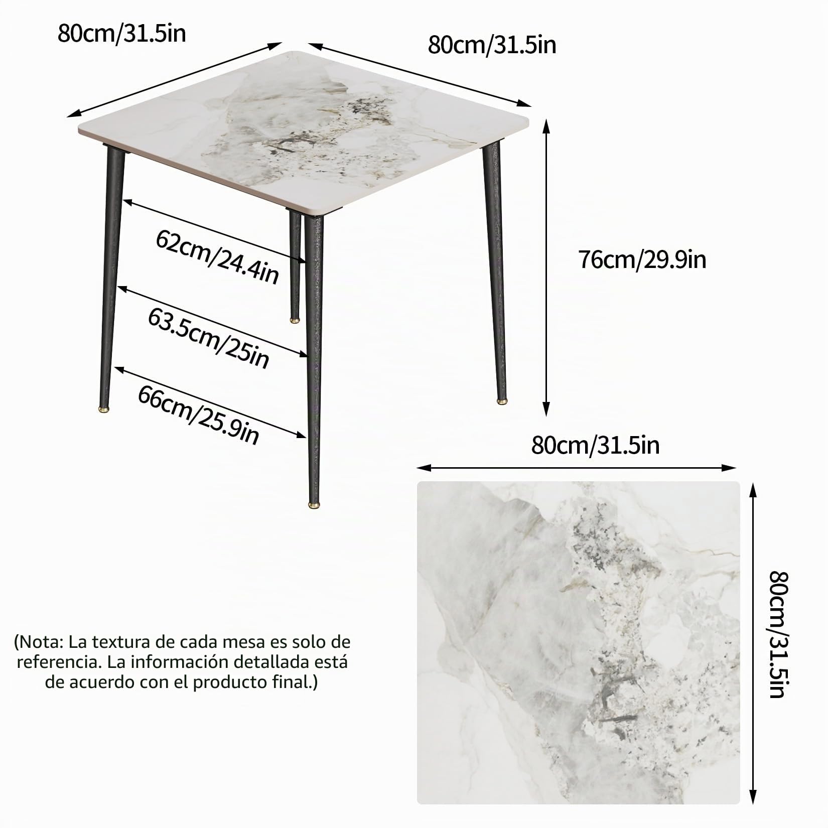 FATIVO Mesa Comedor Mármol Blanca de Cocina: Mesa de Jantar Cuadrada Estilo Nórdico Moderno de Piedra Sinterizada con Patas de Metal para 2-4 Personas 80 x 80 x76 cm (Blanco A)