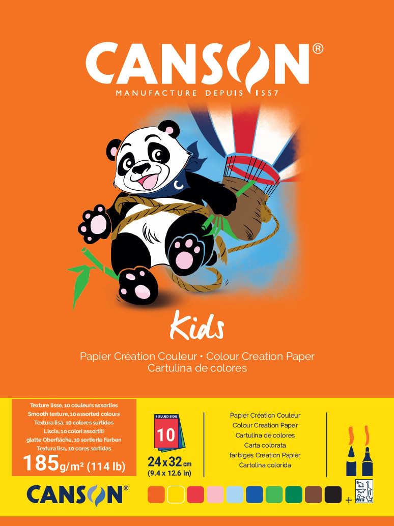 Canson Kids 5+ 24 x 32 cm 185 GSM Colour Creation Pad with Assortment of Bright Coloured Paper (Pack of 10 Sheets)