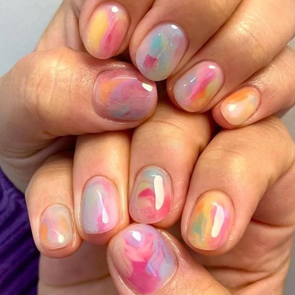 Short Press on Nails Square Fake Nails Colorful False Nails with Ombre Design Glue on Nails Glossy Full Cover Stick on Nails Cute Acrylic Nails