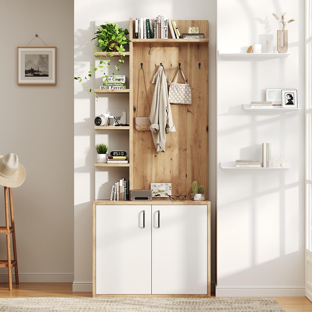 PUGSDRLY Ensemble Porte-Manteau avec vestiaire 75 * 33 * 180cm, Armoire à Chaussures, Crochets à vêtements, Armoire de Couloir avec 5 étagères de Rangement et placards, Couleur Bois Naturel + Blanc