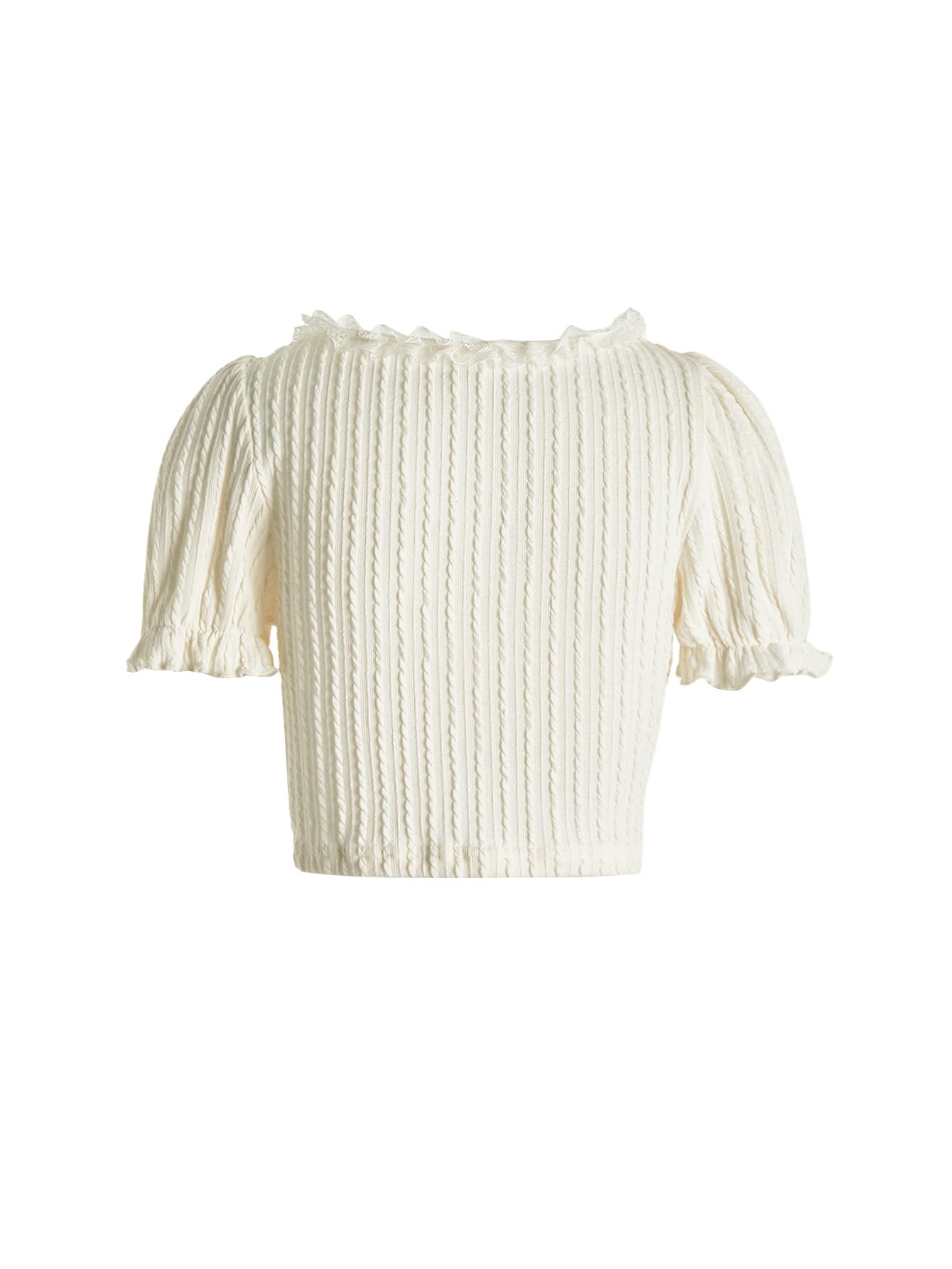 Verdusa Women's Knot Front Lace Trim Puff Sleeve V Neck Crop Tee Shirt Top