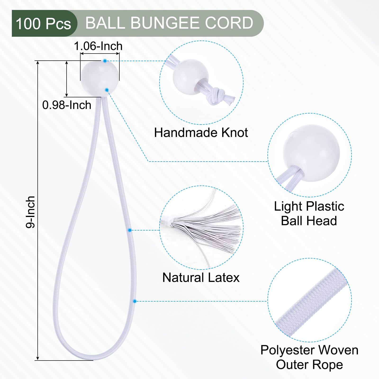 YOKIVE 100 Pack Tarp Ball Bungee Cord, Elastic Tie-Down Strings with Balls, White - Image 2
