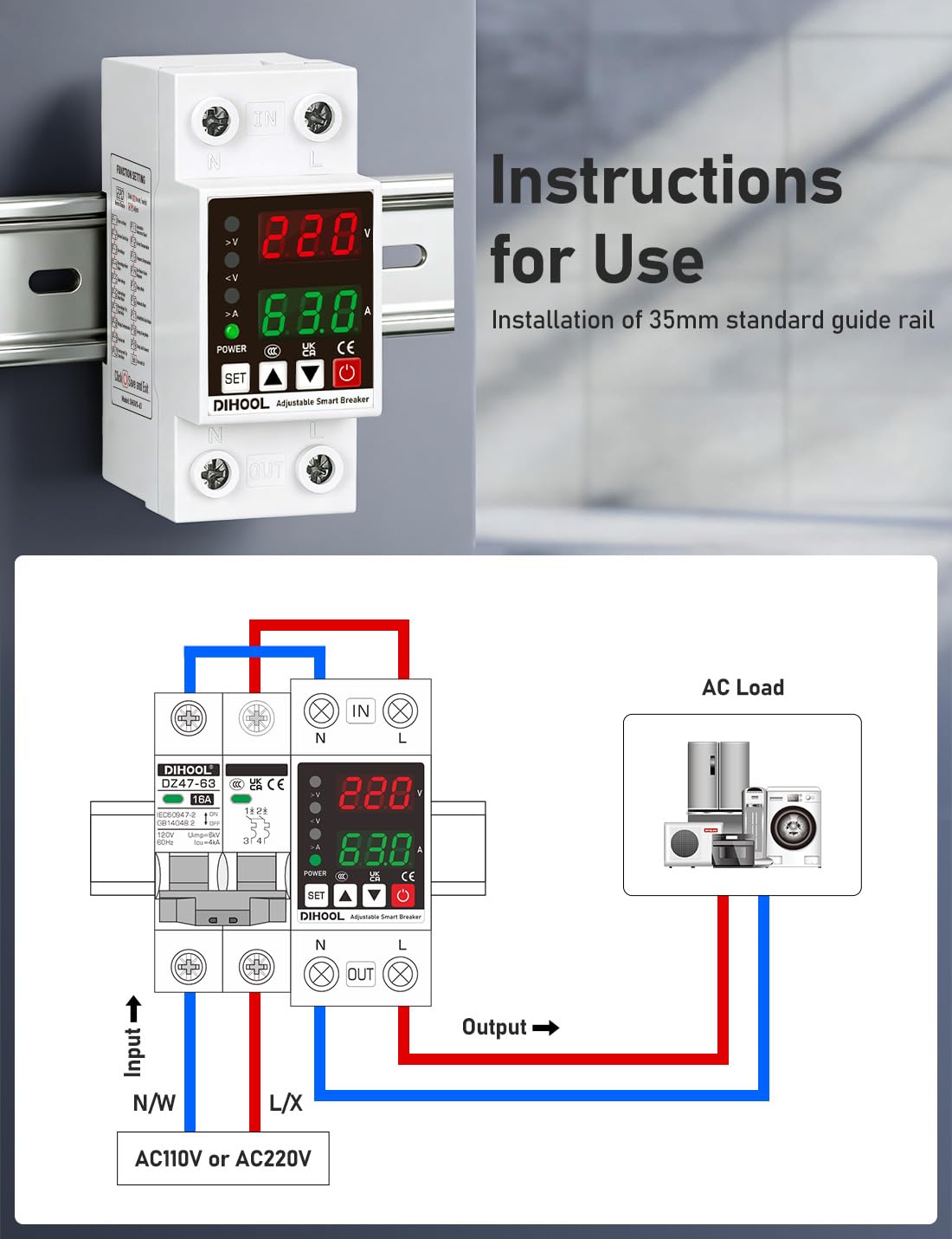 DIHOOL Smart Circuit Breaker with Adjustable Voltage Protection, 70-200V Low and 140-300V High Cutoff, 1-63A Overcurrent Protector, AC Disconnect Switch, DIN Rail Mount — Amazon image 6