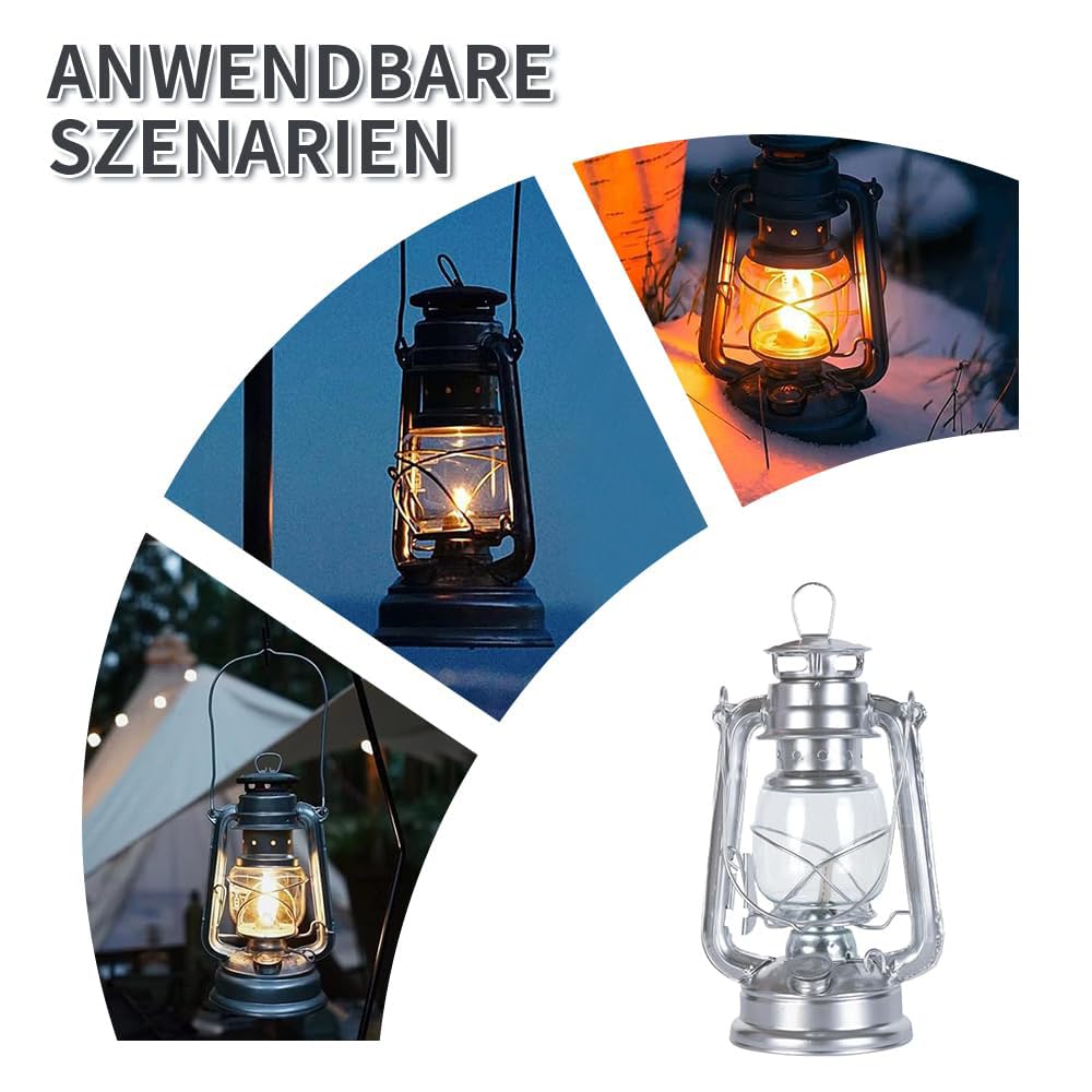 Lampe à pétrole d'extérieur, lanterne tempête rétro, lampe à pétrole, convient pour l'intérieur, la maison, le jardin, le camping, 25 cm (argenté)