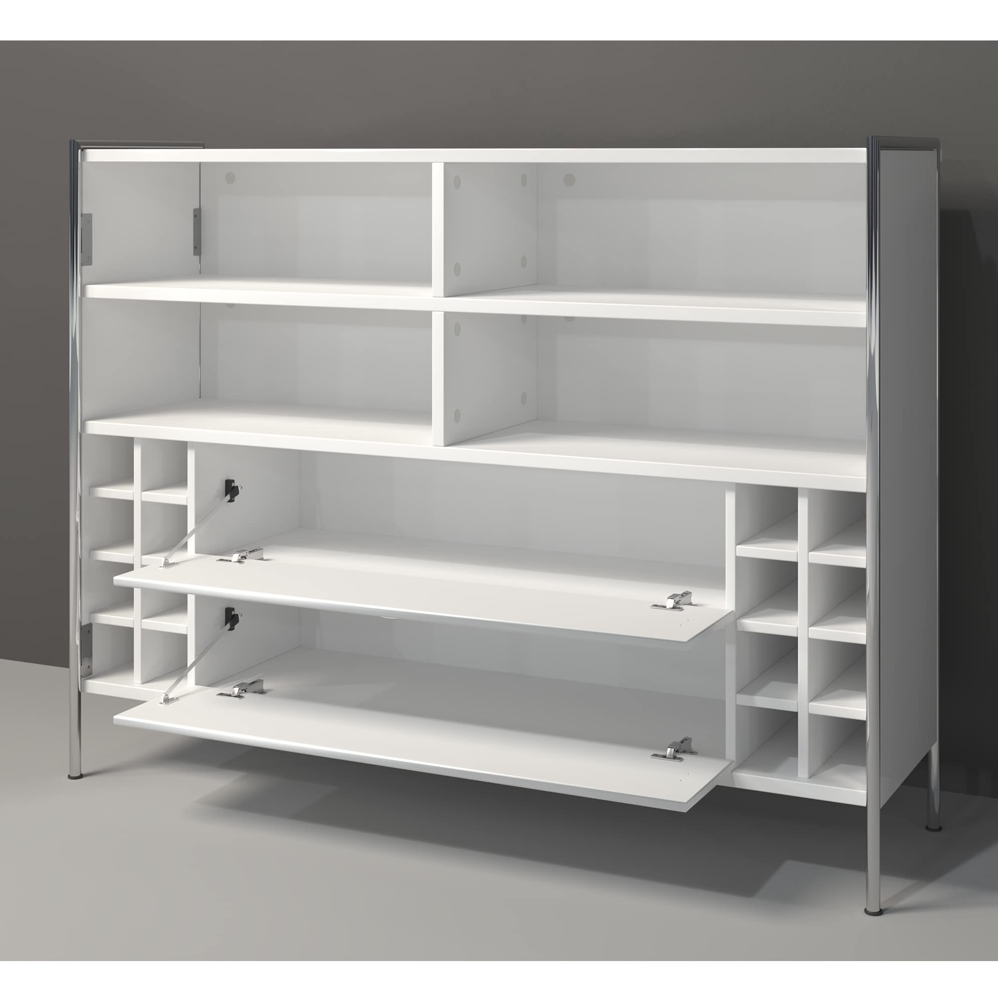 trendteam smart living - Infinity - Bartisch - Weiß Hochglanz lackiert - Hausbar mit 6 Fächern und 8 Weinfächern - (BxHxT) 140 x 109 x 48 cm - Bartresen mit Chromrahmen