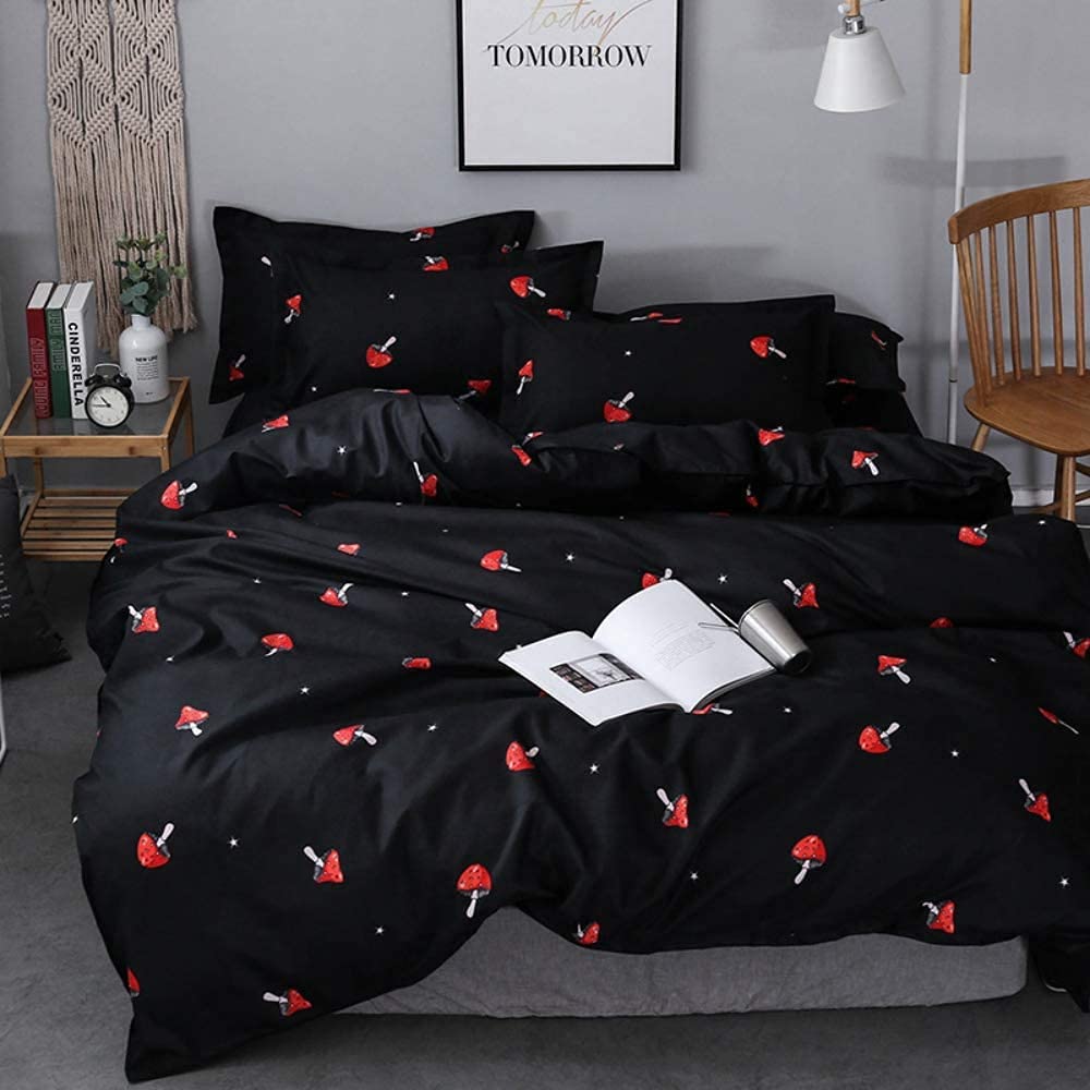 Kids Duvet Cover Single Bedding for Boys Girls Red Mushroom Printing Bedding Set Cute Comforter Cover with 2 Pillowcase Zipper Luxury Bedroom Decor Microfiber Bedspread Cover 3 Pcs Black RedOEKO-TEX STANDARD 100