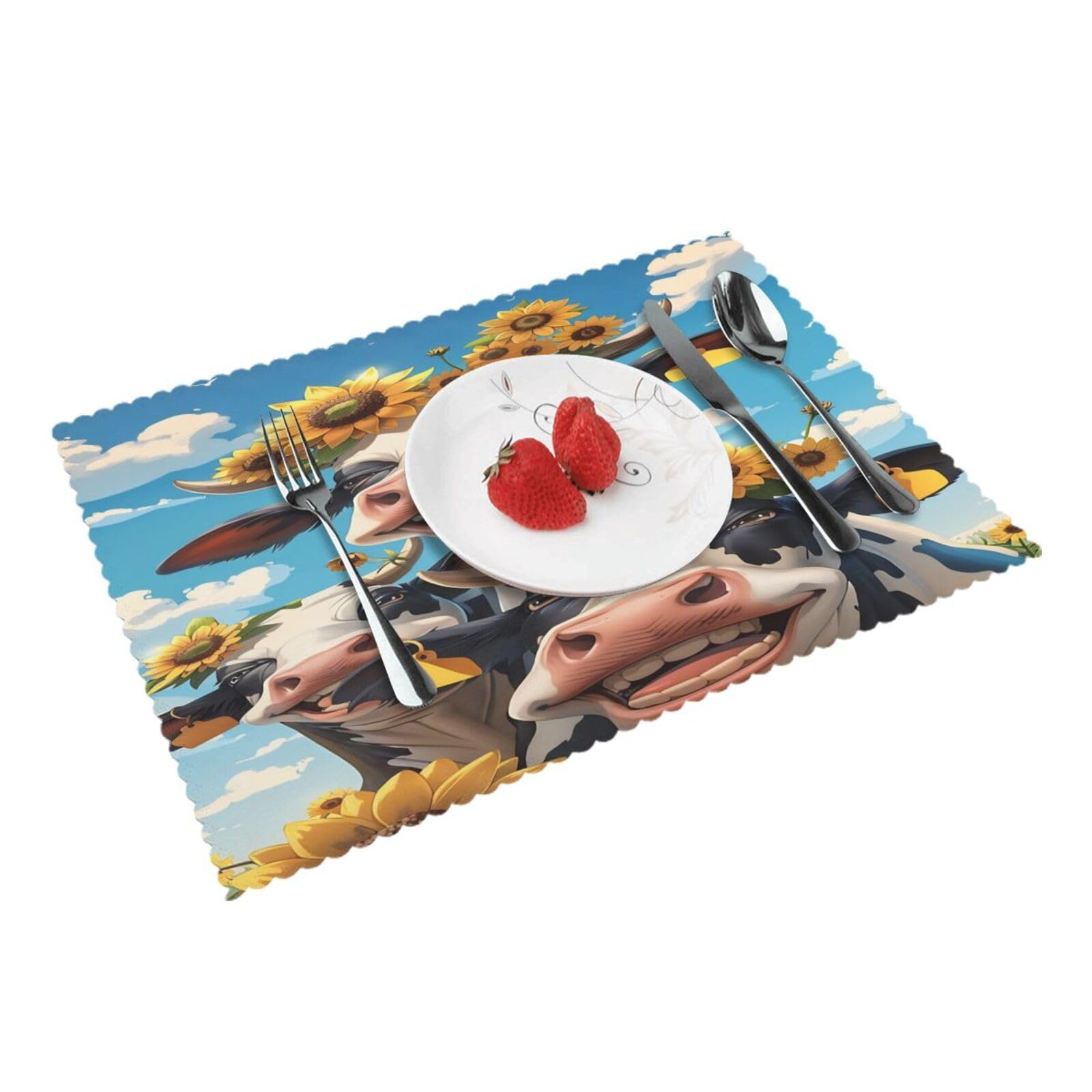 Sunflower Cow Joyful Field Placemats Set of 4 Print Table Mats Place Mats Table Decor for Kitchen Dining 12X18 in