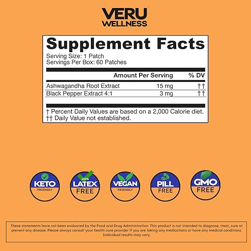 Miniatura 5 de Veru Wellness Parche Ashwagandha - Alivio del estrés, apoyo natural del estado de ánimo, estrés, energía y parches de apoyo de enfoque (60 unidades)