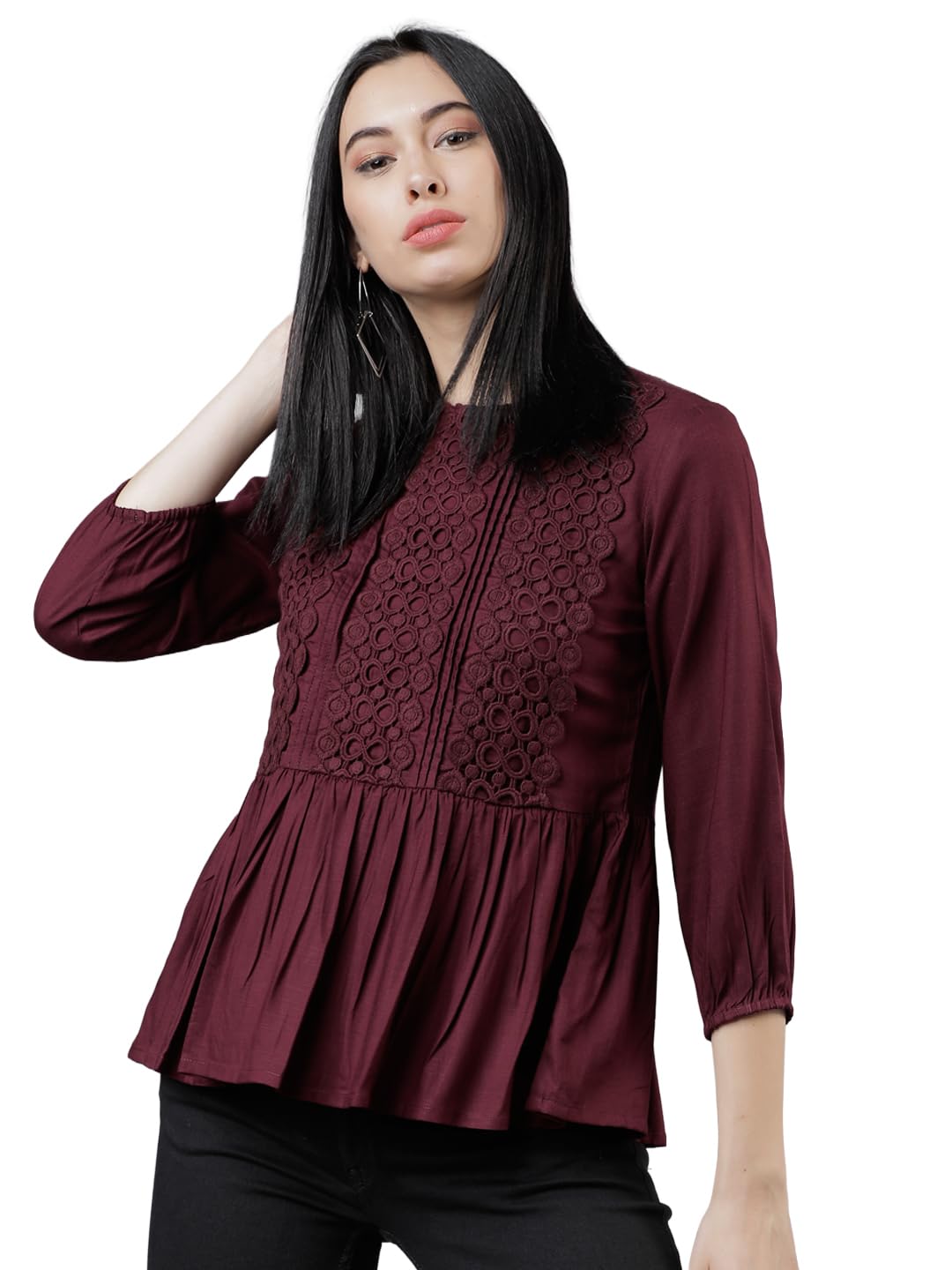 tokyo talkies Women's Three-Quarter Sleeves Round Neck Self Design Tops| Stylish Casual wear-picture-39