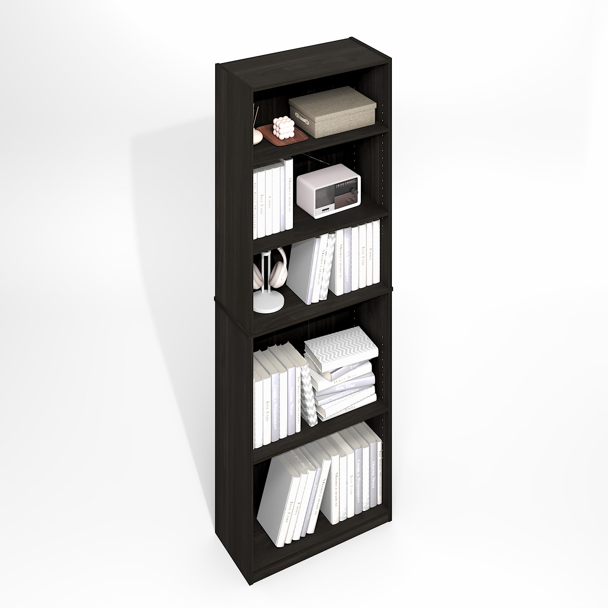 Furinno Jaya Simply Book Shelf, 5-Tier Bookshelf, Bookcase with Adjustable Shelves, 9.5 x 24.5 x 71.2, for Living Room, Bedroom, Home Office, Black Espresso