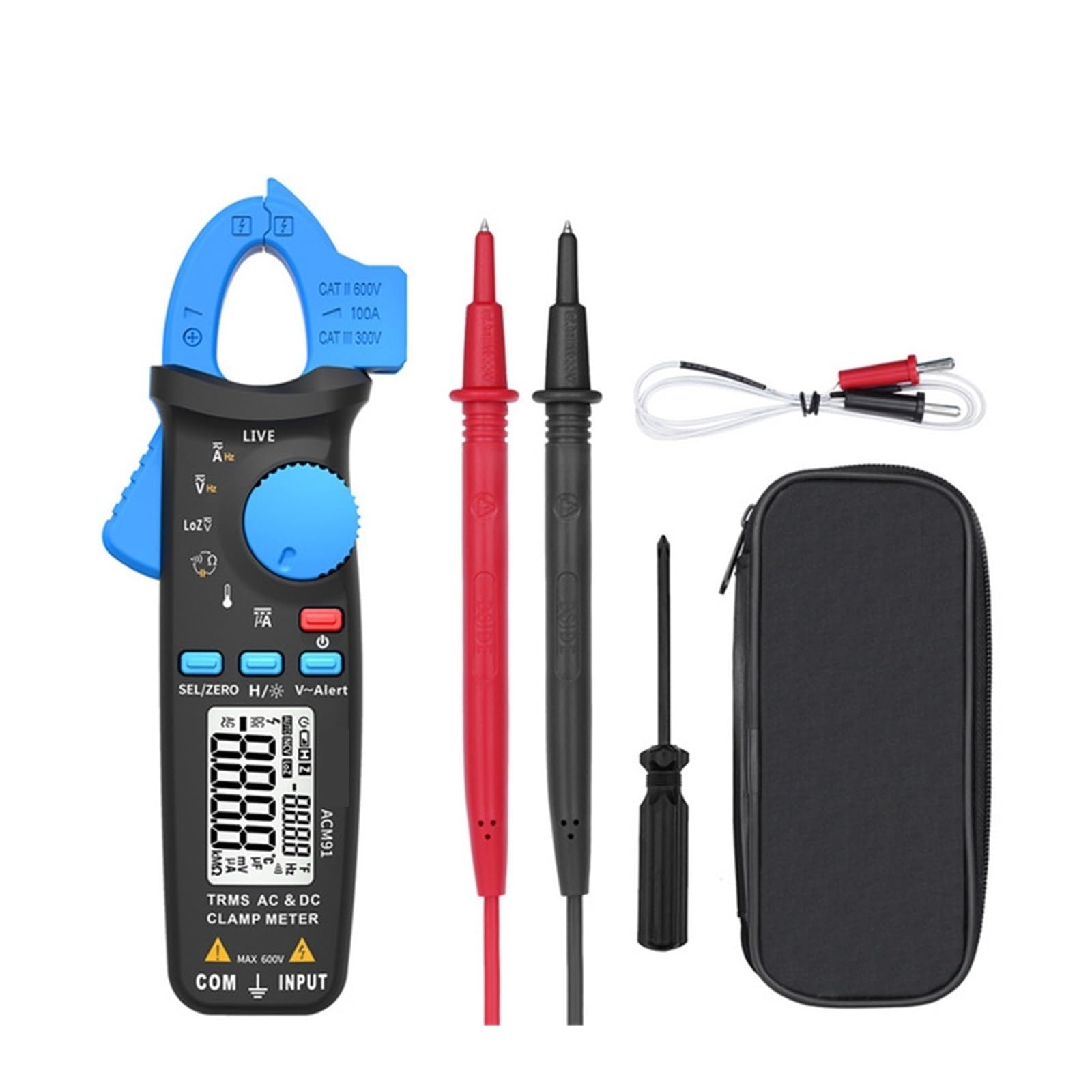 Pinza amperimétrica digital, Medidor De Pinza Digital ACM91 Corriente CA/CC 1mA Valores Eficaces Verdaderos Rango Automático Control En Vivo NCV Temp Condensador Frecuencia Multímetro(ACM91(Blue))