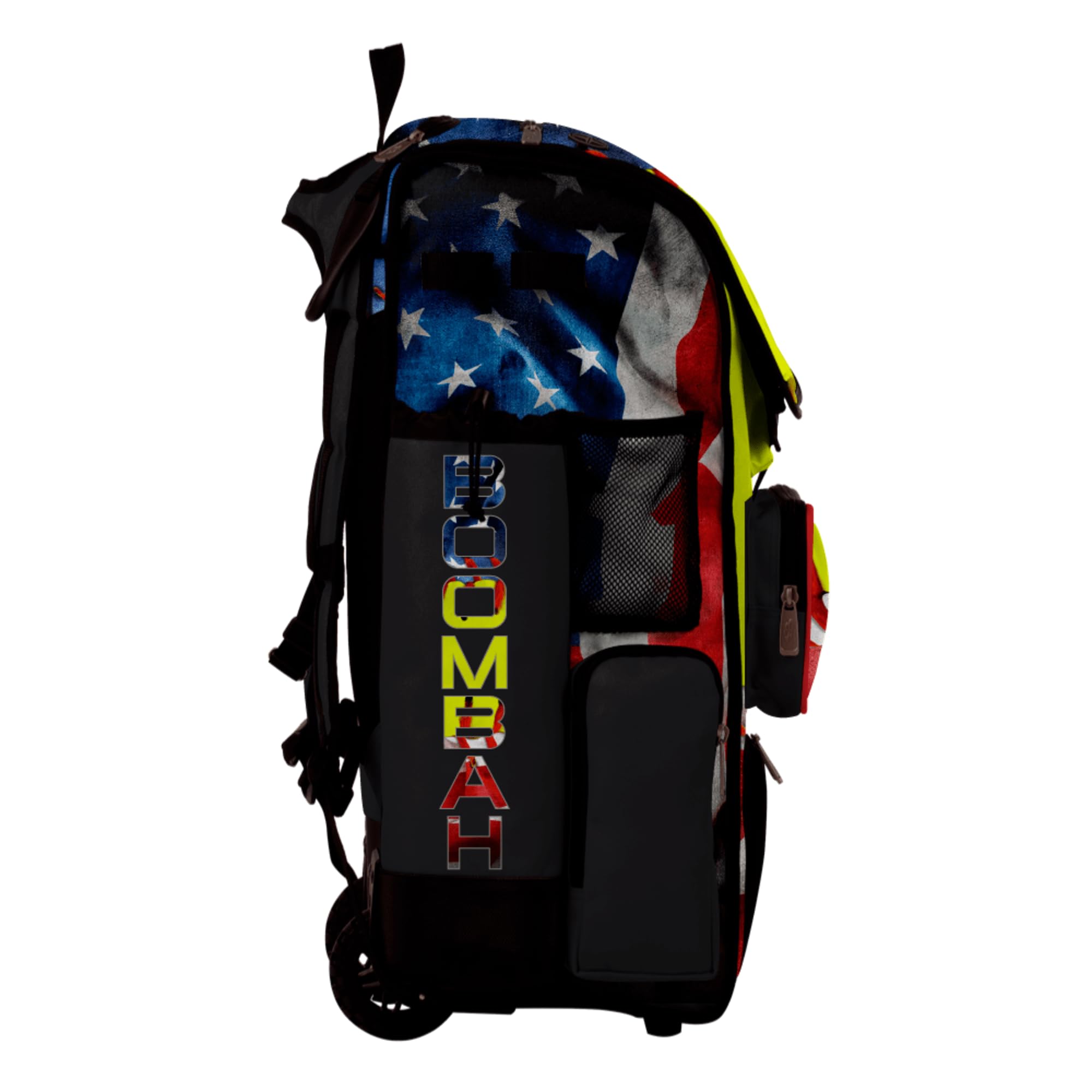 Boombah Superpack Hybrid Rolling Bat Bag - Wheeled & Backpack Version - USA Softball Represent Red/Royal Blue/Optic Yellow