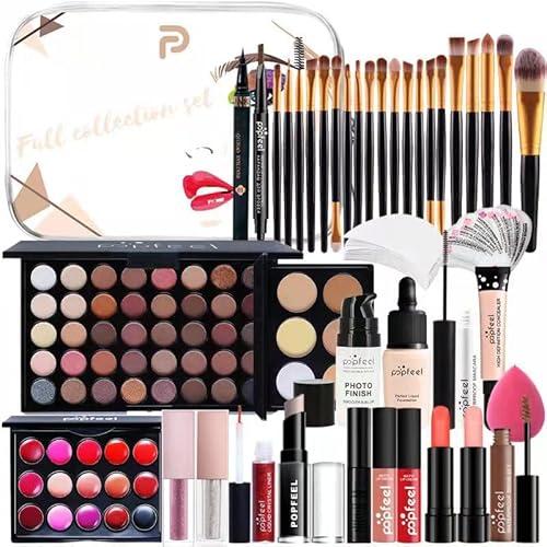 All in one Make Up Kit Matte Glitter Eyeshadow Lip gloss Lipstick Makeup Brushes Eyebrow Pencil Eyeliner Pen Liquid Concealer Foundation Primer Puff Eye shadow Shields Eye Brow Stencil Beauty Cosmetic Bag