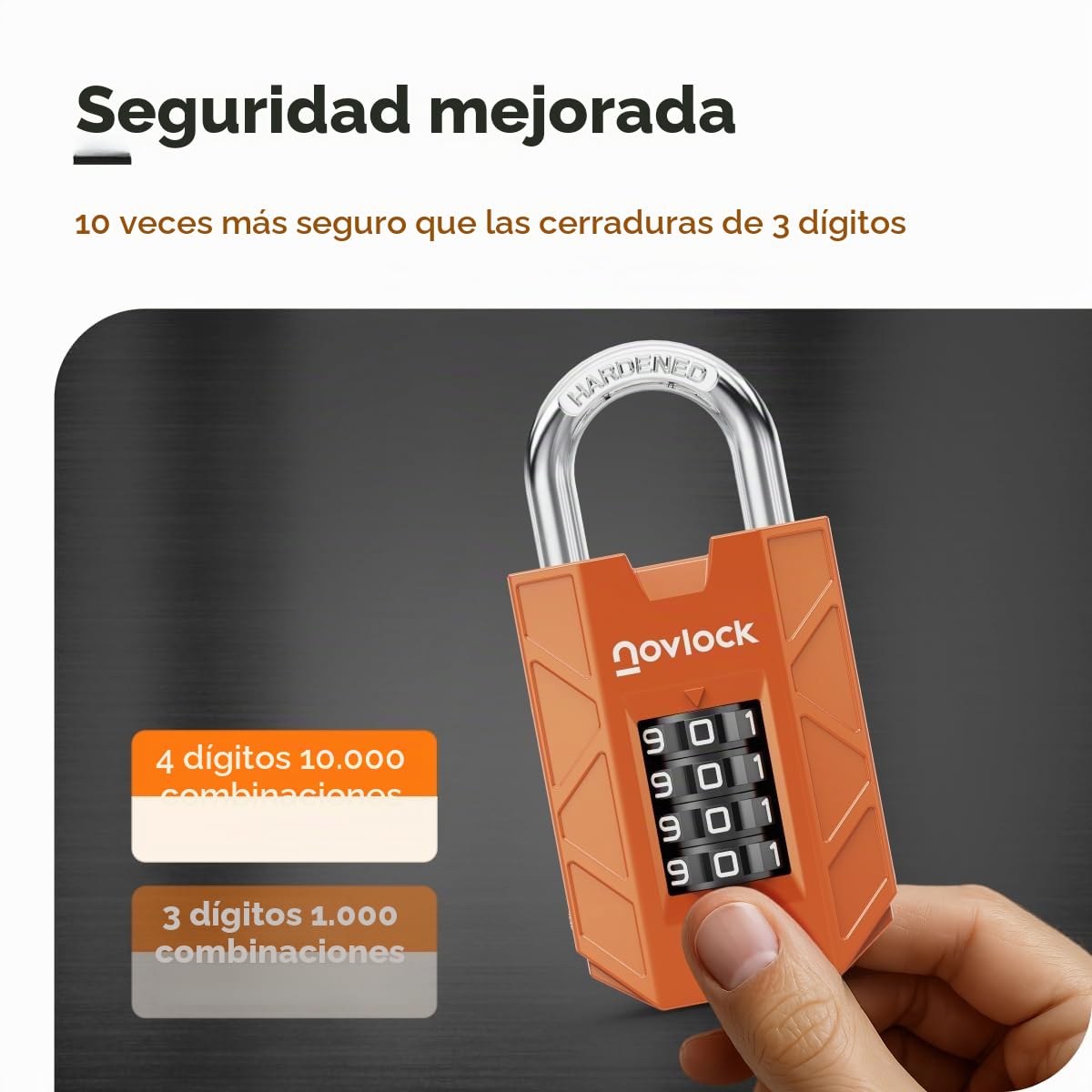 Candado de combinación de 4 dígitos – resistente y seguro – arco de acero templado de 7 mm – para taquillas, armarios, portones, vallas y cobertizos – 1 unidad, naranja