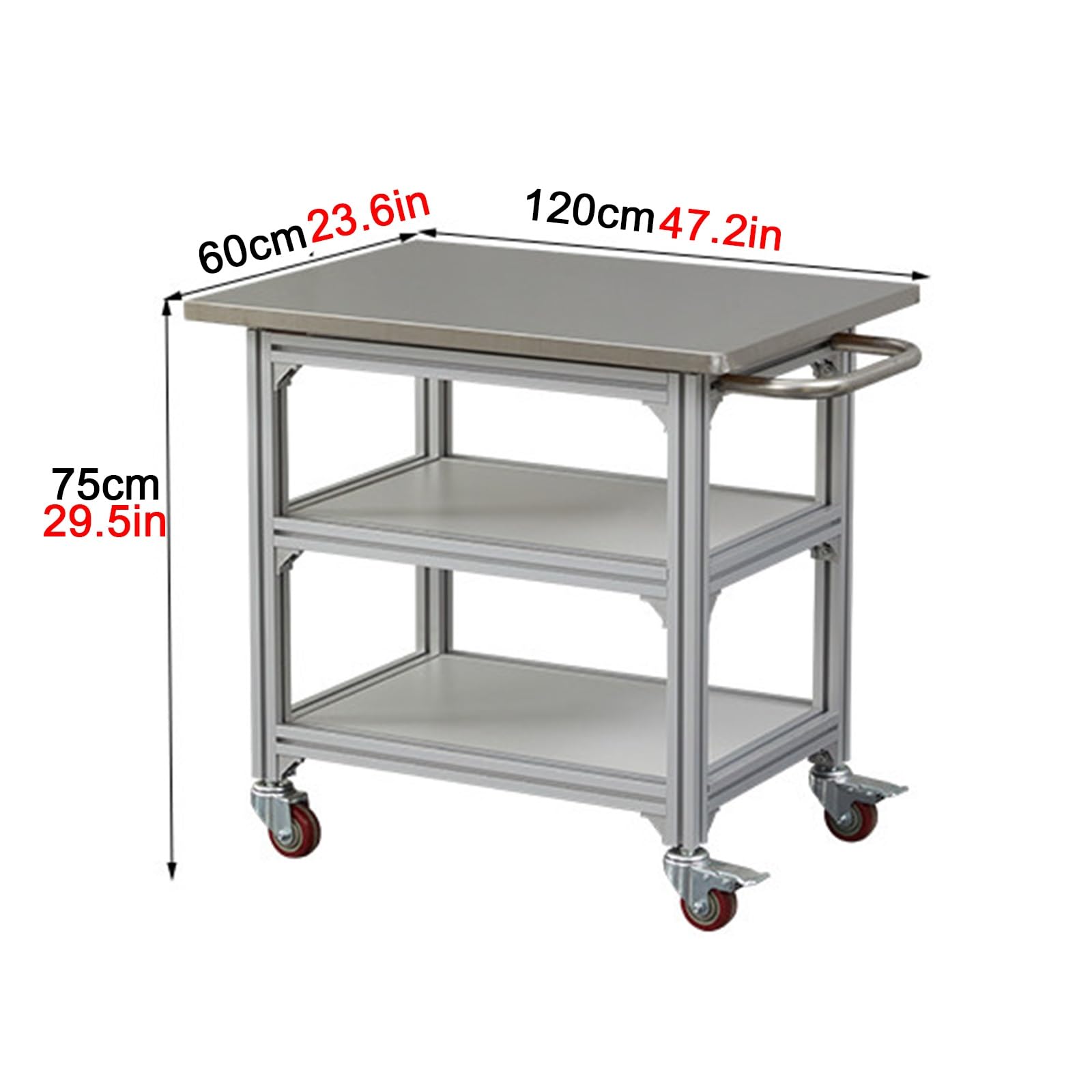 Trójpoziomowy stół warsztatowy ze stali nierdzewnej z ramą ze stopu aluminium, kółka obrotowe, wzmocnione uchwyty, idealny do użytku w kuchni i magazynie, wytrzymały stół roboczy