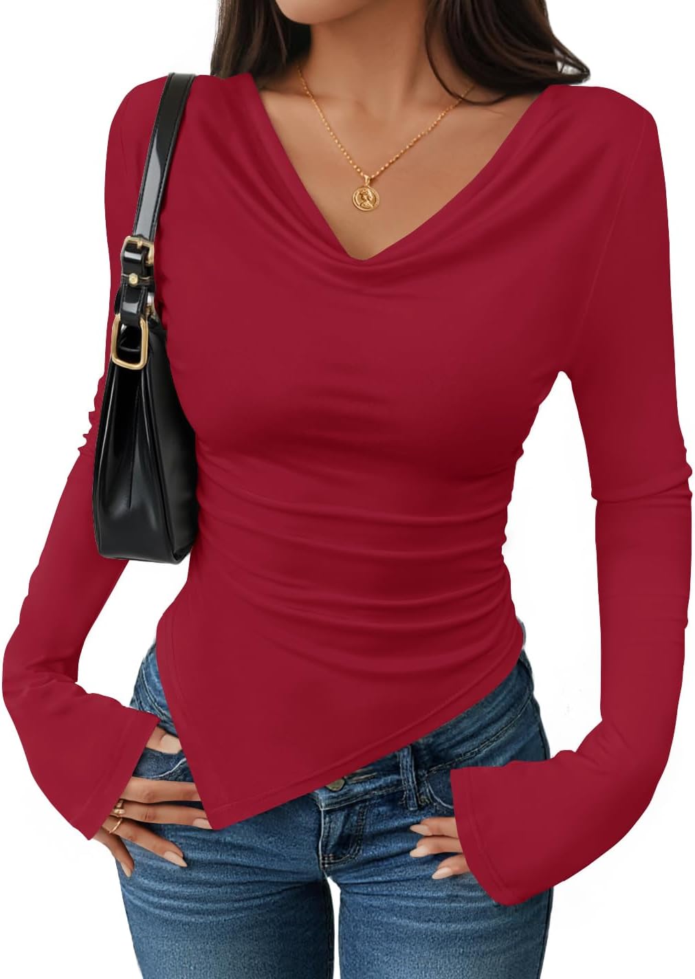 ZESICA Women's Long Sleeve Cowl Neck Shirts Slim Fit Going Out Y2k Tops Blouses 2026 Spring Outfits Fashion Clothes