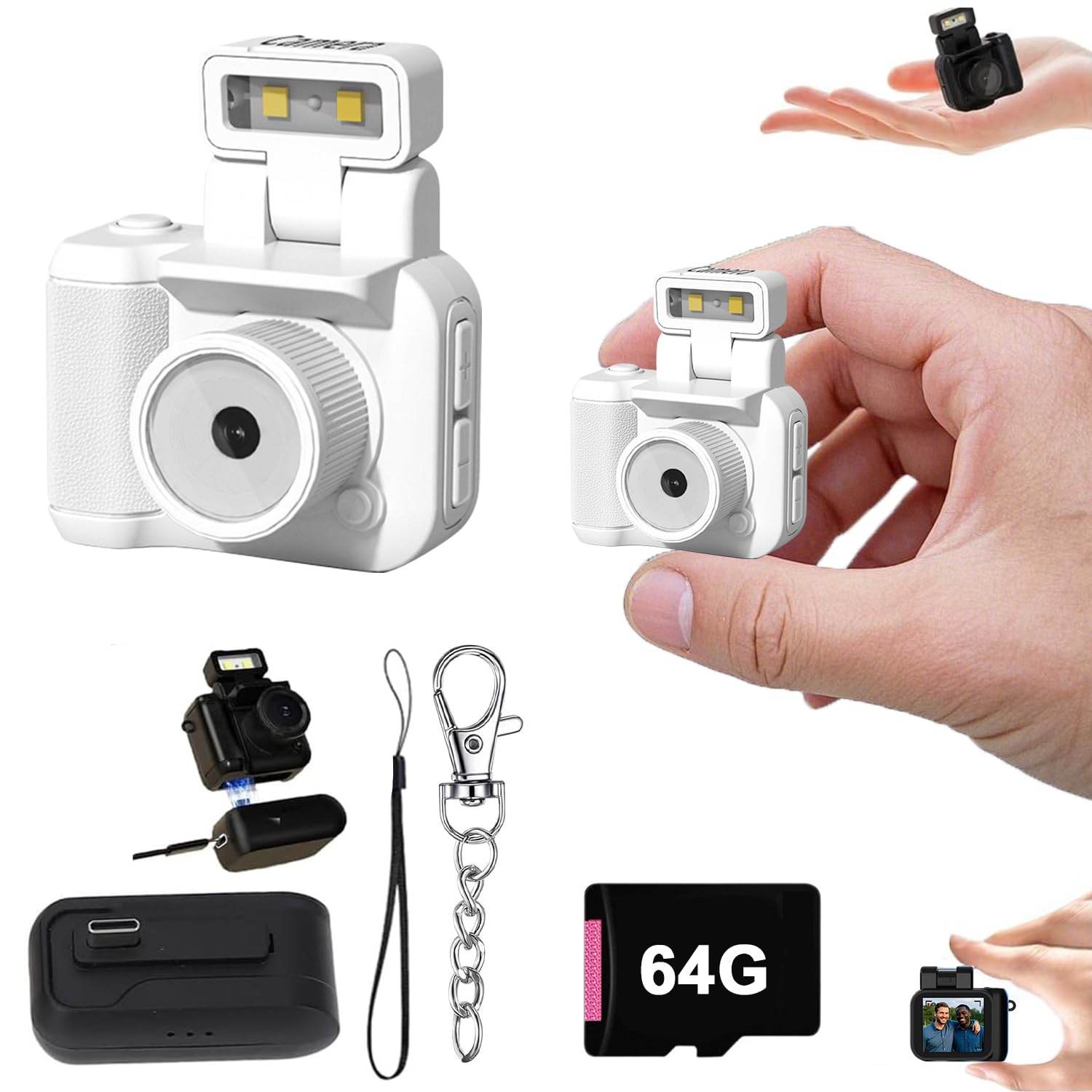 Gsnagole Retro Snap Camera，Mini Nostalgic Vintage View Camera，Tiny Snaps，Keychain Digital Photo，Llavero Mini CáMara Retro，1080p Hd with Led Flash Light (White 64G)