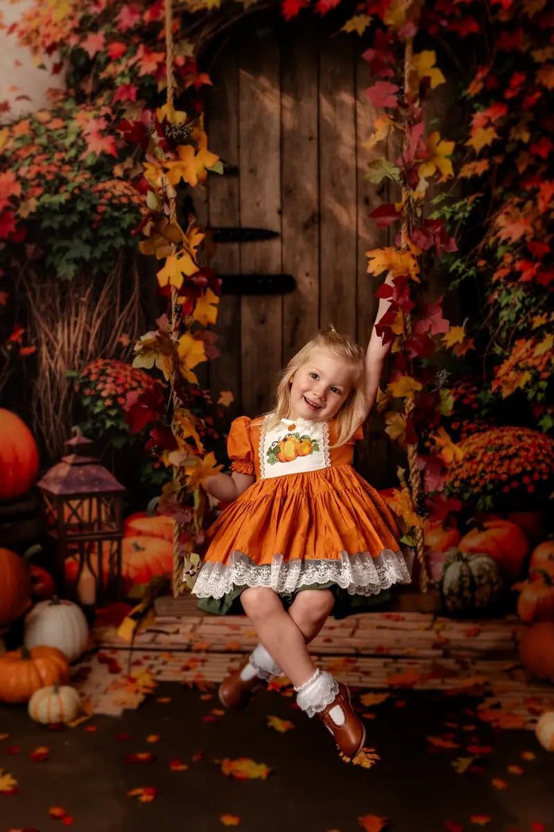 Kate Fall Maple Leaves Arch Door Backdrops for Photography Autumn Pumpkins Thanksgiving Day Backdrops for Kids Brown Wooden Door Background Photo Fabric Props 10x8ft