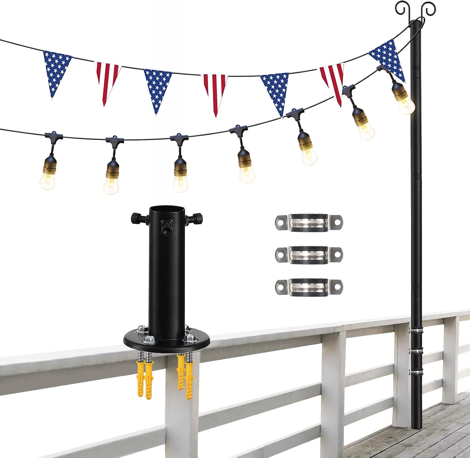 String Light Poles, 12.6 FT Light Poles for Outside Patio, Outdoor Deck Lighting Poles with Brackets for Fence and Base for Wood Concrete Mount, Heavy Duty Metal Stand Hanging Garden Party Decoration