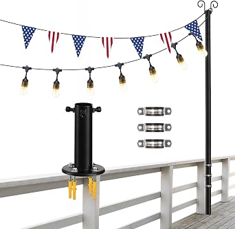 String Light Poles, 12.6 FT Light Poles for Outside Patio, Outdoor Deck Lighting Poles with Brackets for Fence and Base for Wood Concrete Mount, Heavy Duty Metal Stand Hanging Garden Party Decoration