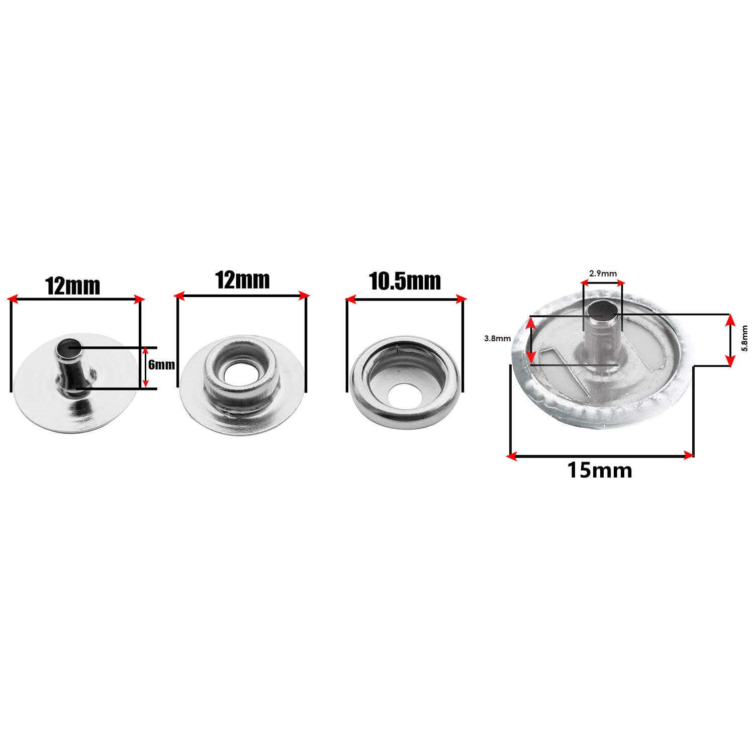 Trimming Shop Light Grey 15mm Press Studs 4 Part, Durable and Lightweight, Metal Snap Fasteners for Jackets, Jeans, Leather Craft, Straps and Sewing Projects, Clothes Repair, 10pcs