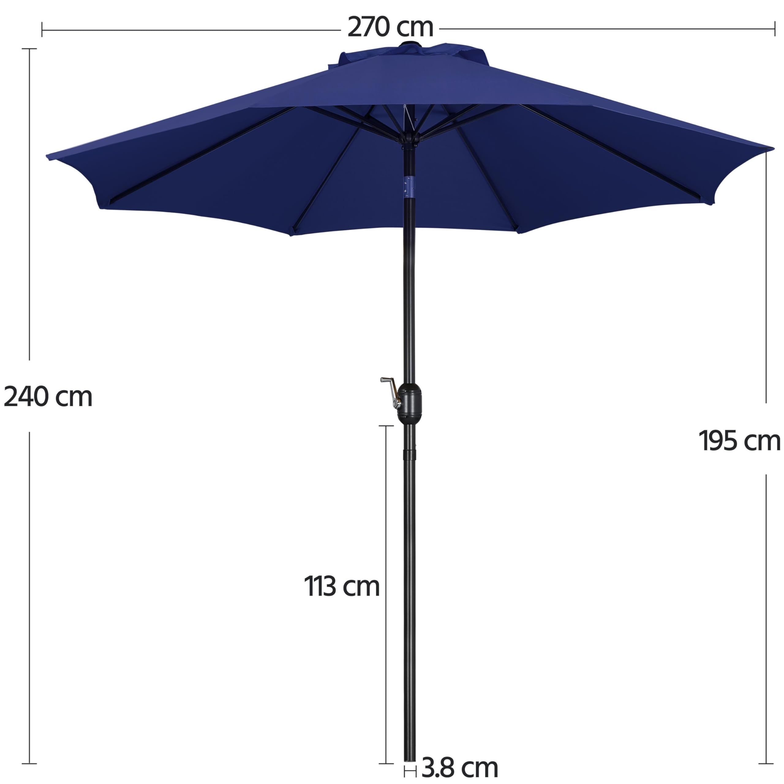 Yaheetech Parasol przeciwsłoneczny Φ 270 cm z korbą, parasol ogrodowy, składany, wychylany, z 8 żebrami, parasol tarasowy, ochrona przed słońcem, granatowy