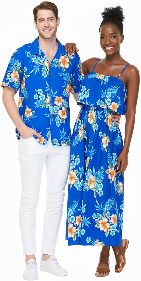 Matchable Couple Hawaiian Luau Shirt or Maxi Ruffle Dress in Hibiscus Blue
