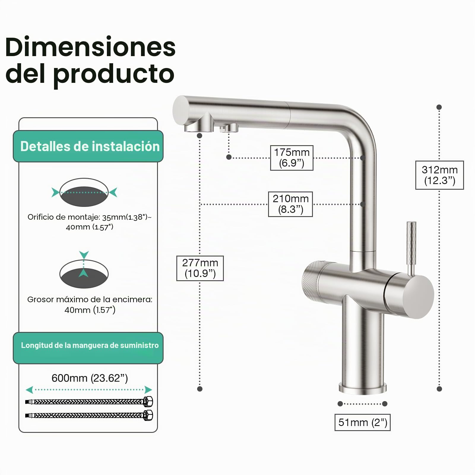 Faustina Grifo de cocina de 3 vías con ducha extensible acero inoxidable
