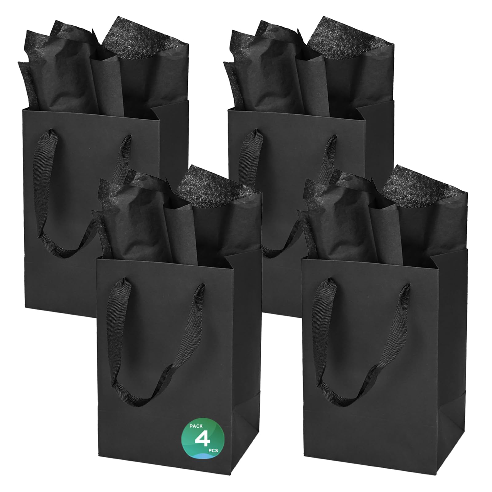 Papertide 4 Pack Black Slim Gift Bags 15.2×7.6×19cm with Tissue Paper