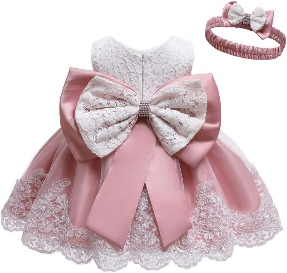 Baby Girls Lace Dress Bowknot Flower Dresses Wedding Christening Formal Toddler Birthday Party Tutu Gown with Headwear