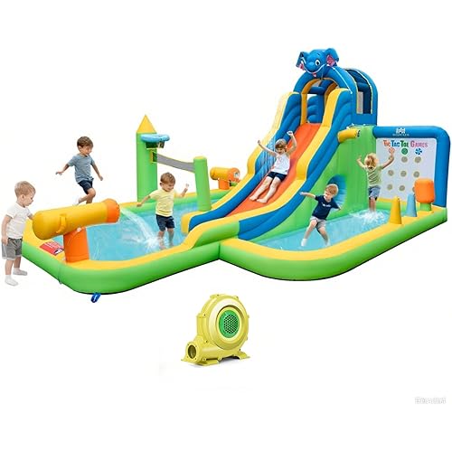 BOUNTECH Inflatable Water Slide, Elephant Surfing Slide Kids Water Park Jump Bouncy Castle w/Blower, 2 Splash Pools, Hide&Seek Cave, Outdoor Water Slides Inflatables for Big Kids Backyard Party Gifts