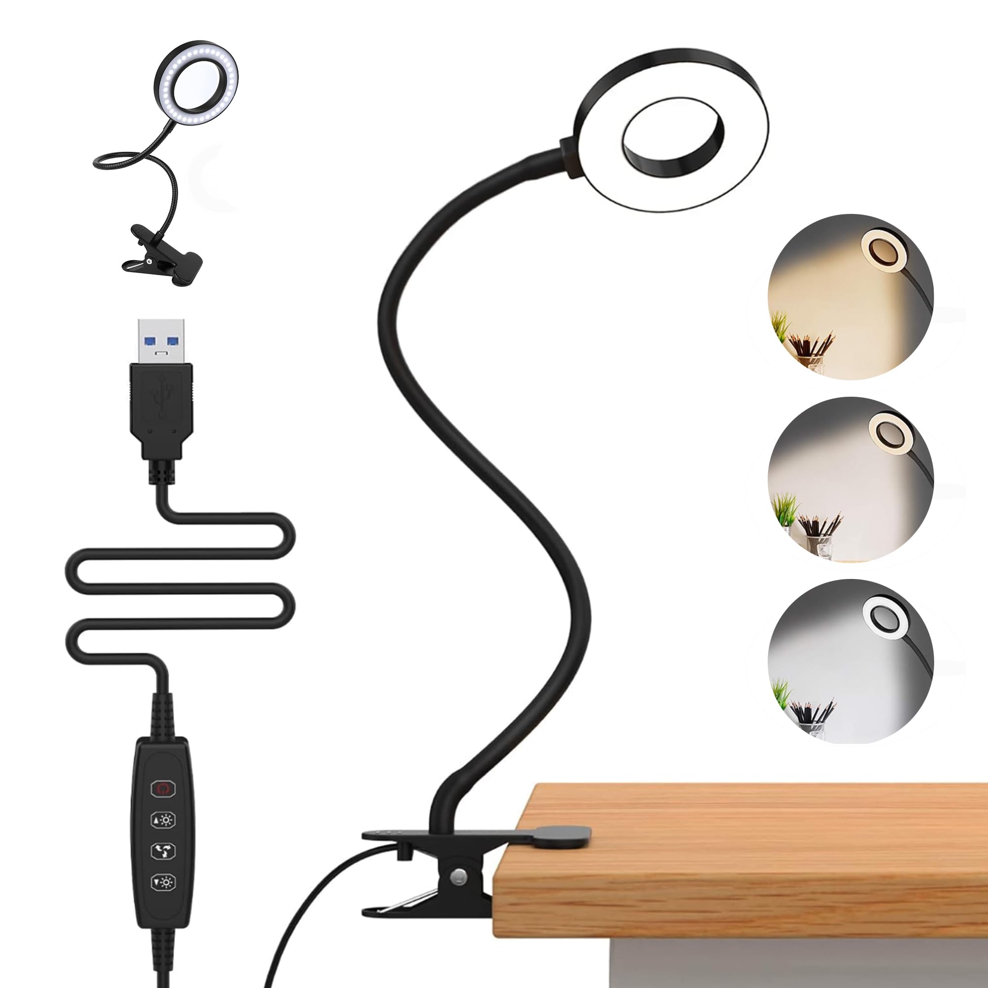 OLVEX - Lampara LED 3 Tonos y 10 Niveles de Brillo - Flexo LED Escritorio con Pinza - Adecuado Para Viajes de Lectura Nocturna, Dormitorios, Libros de Oficina - Luz Escritorio con Pinza - Luz 360º.