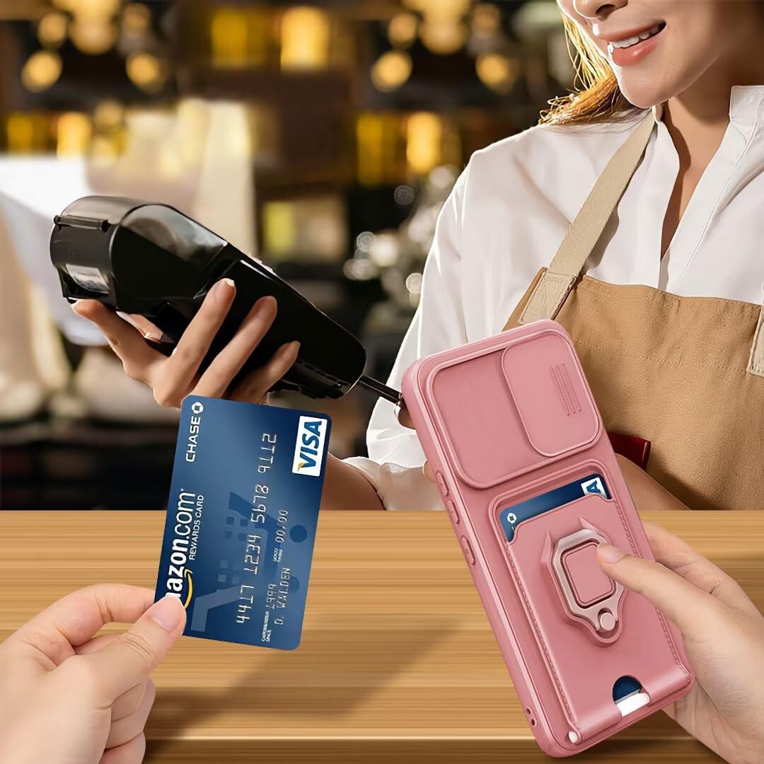 Funda Compatible con Xiaomi Redmi Note 13 4G,Cuello Cordón Carcasa Silicona Suave,Ranura con Tarjetas,Carcasa Cubierta cámara Deslizante Proteger, Anillo Soporte (Pink) — view 3