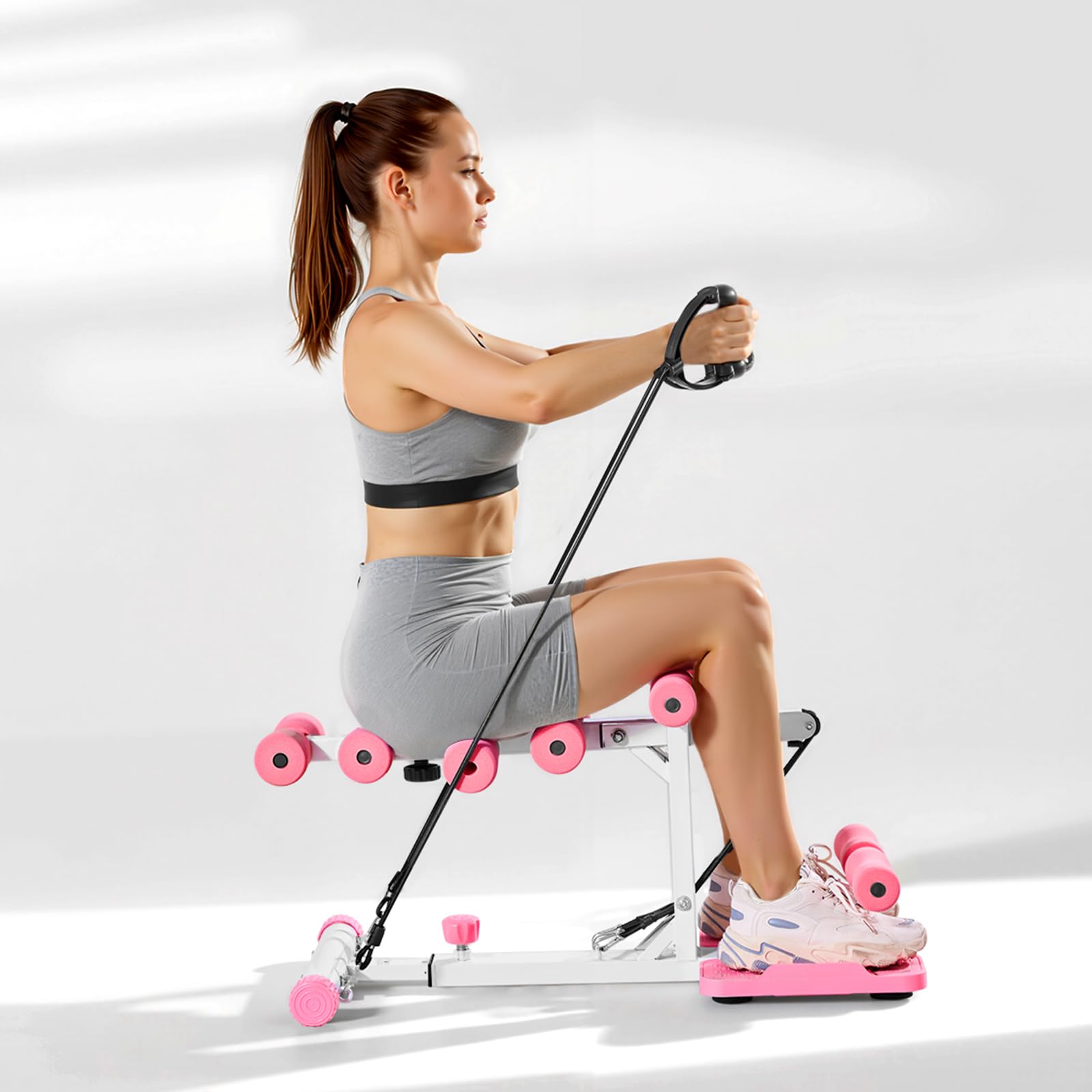 VEVOR Máquina de Sentadillas Profundas Ajustable, con 3 Bandas de Resistencia, Entrenador de Core y Glúteos Plegable, para Gimnasio en Casa, Rosa y Blanco, Carga de 136 kg, 800 x 400 x 760 mm