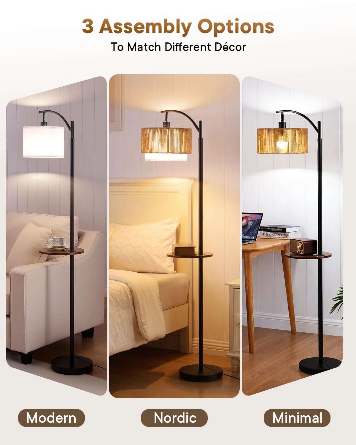 Wio-Mio Rattan Stehlampe mit Tisch für Wohnzimmer, Standlampe mit Fußschalter, Schwarze Boho Stehlampe mit doppeltem Stoffschirm, 3 Lichtfarben, Leuchtmittel inklusive
