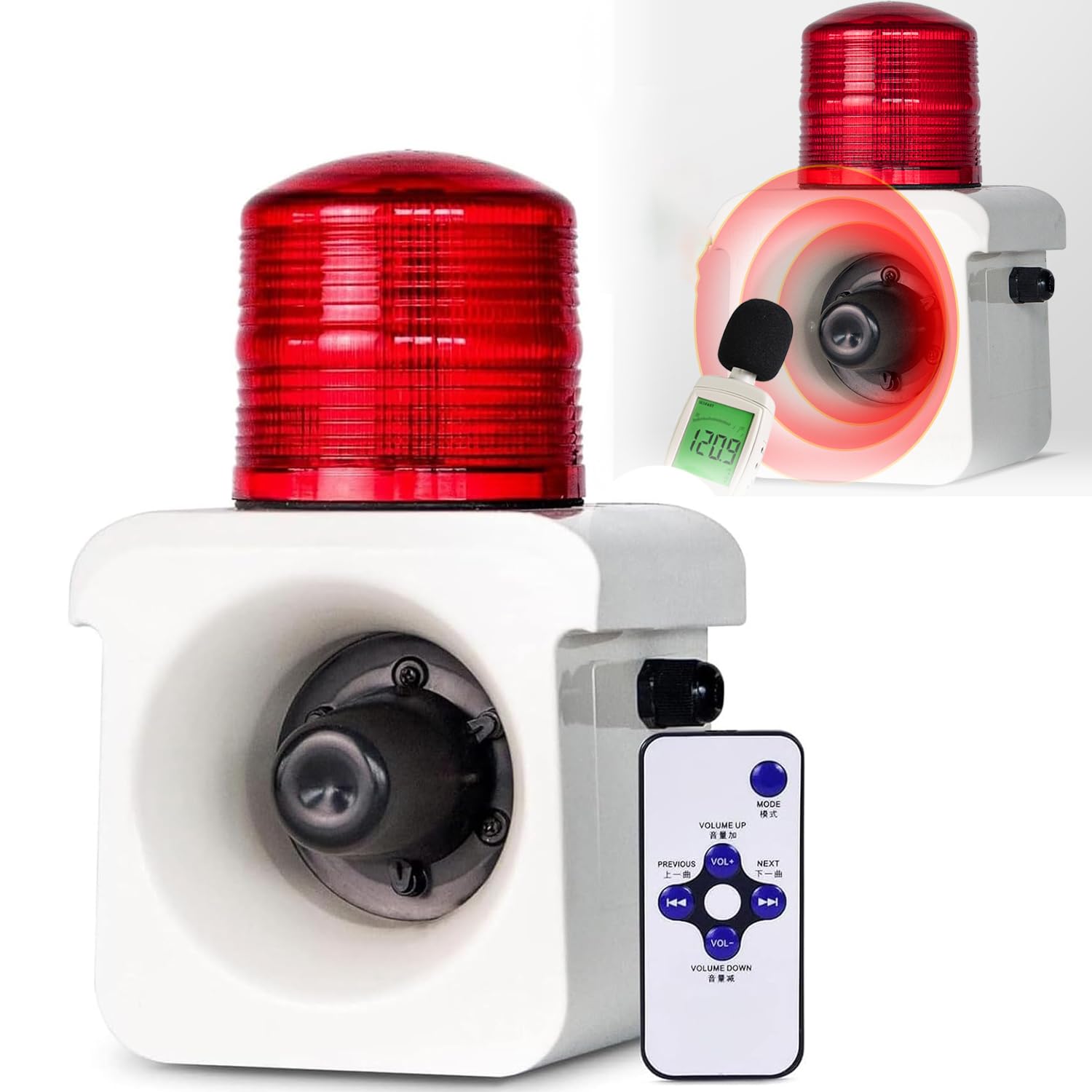 Alarma de Seguridad con luz y Sirena, Sirena Industrial con luz y Sonido, IP65 Resistente al Agua, con Mando a Distancia, para Seguridad doméstica, residencial e Industrial.