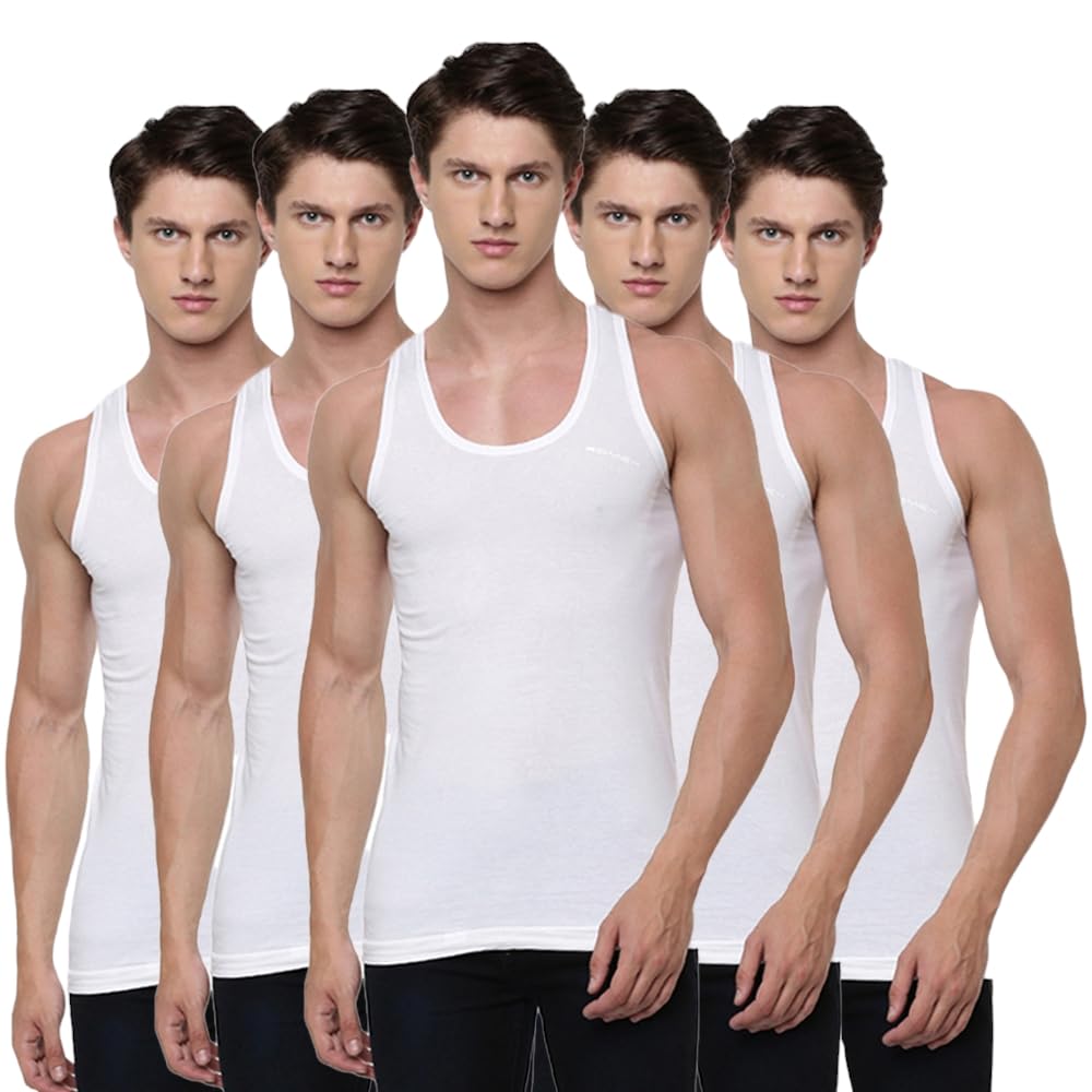 Ramraj Men's Cotton Pack of 5 Solid Sleeveless Round Neck with Extended Length for Easy Tuck