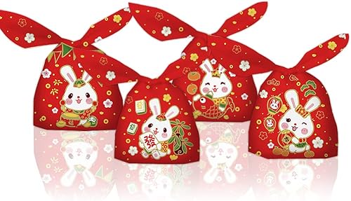 Miniatura 1 de 50 bolsas de celofán chino con forma de conejo feliz 2023 con orejas de conejo en 4 patrones bolsas de plástico para fiesta china de oro rojo para