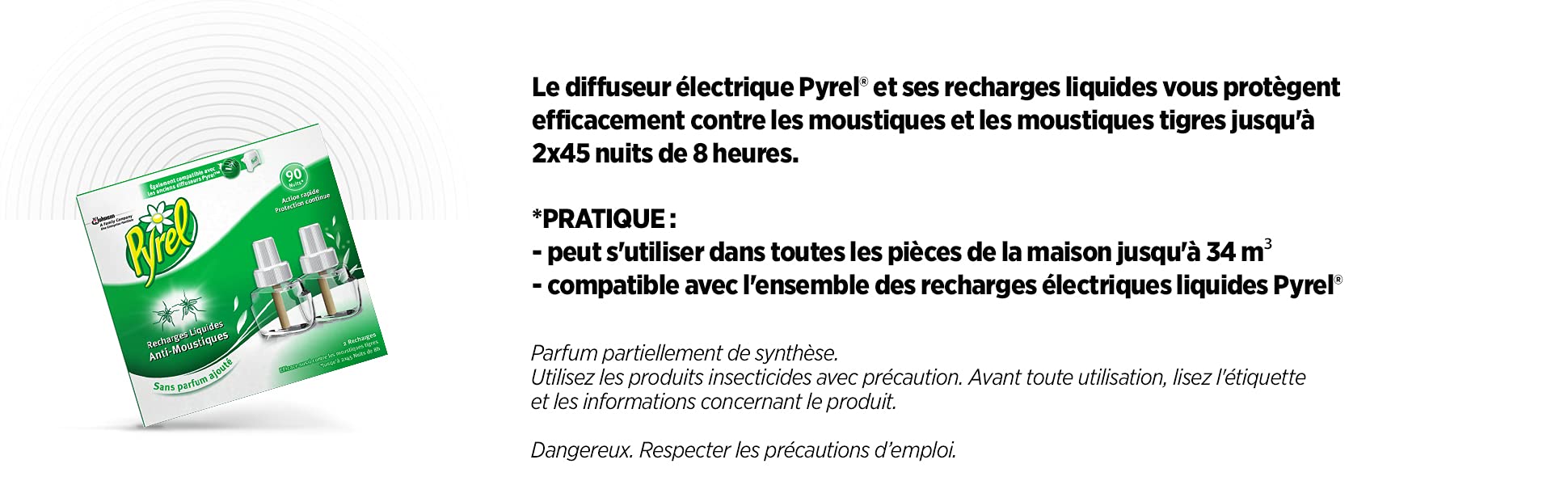 Pyrel Recharge pour Diffuseur Électrique Liquide, Anti-Moustiques, 90 Nuits, Insecticide
