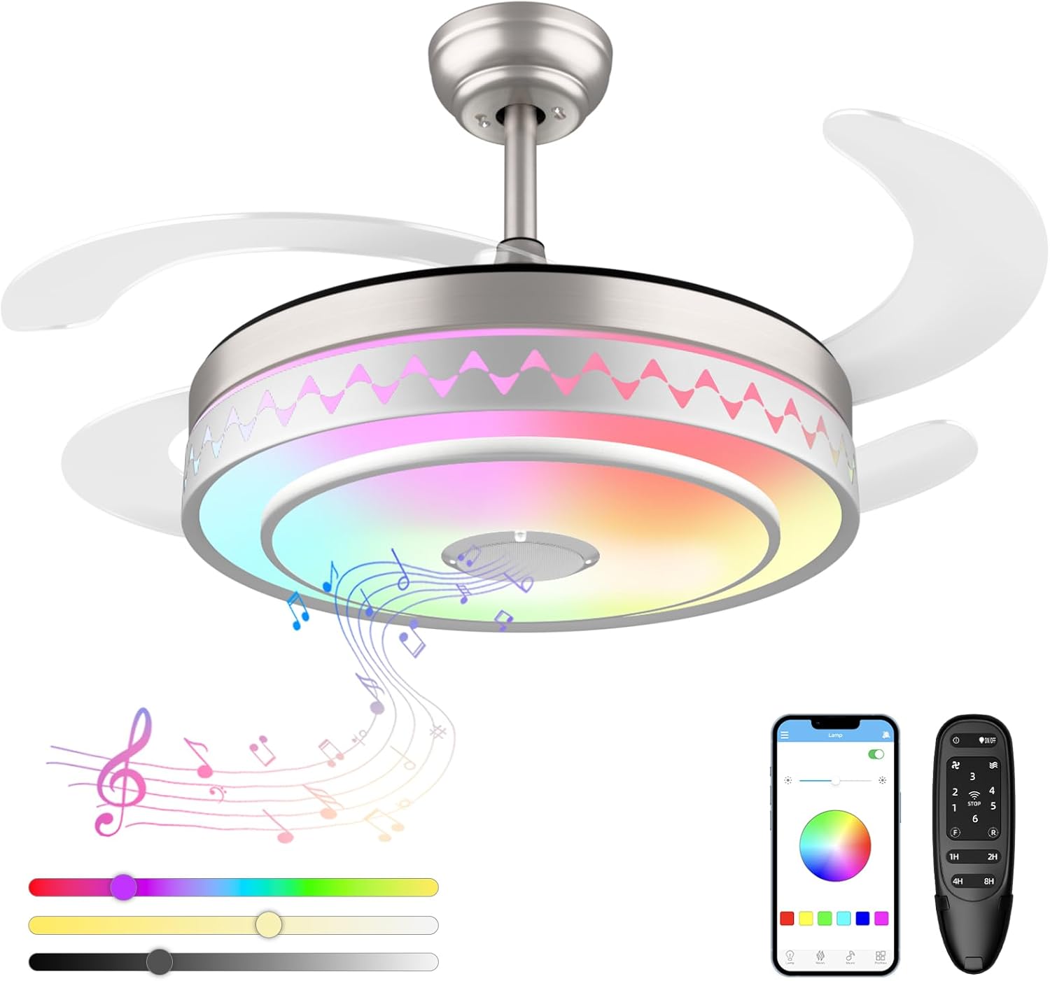 48 Inch Modern Fandelier Ceiling Fan with Light and App Control Bluetooth Smart LED Ceiling Fan with RGB Light Music Speaker 6Speed Retractable Ceiling Fan with Lights for Bedroom Living Room Kitchen Chrome-2 48 Inch