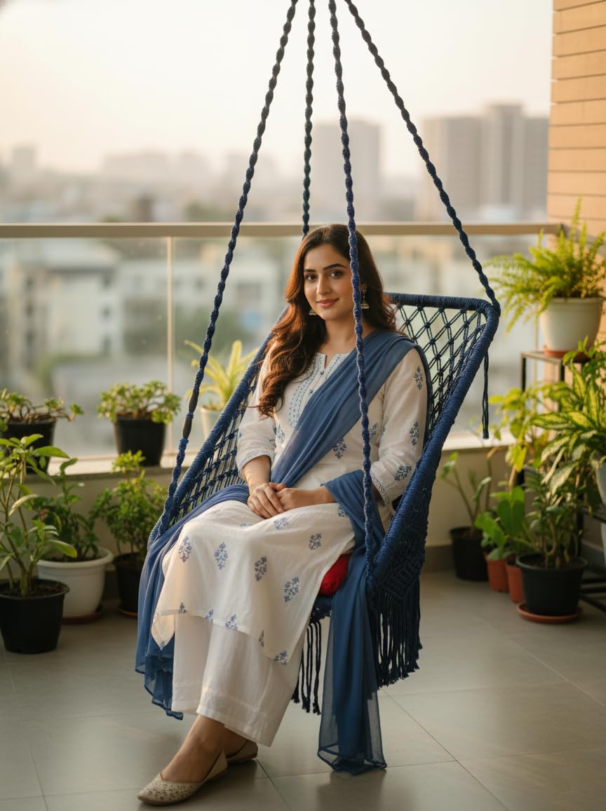 Patiofy Swing for Adults for Home/Jhula for Adults/Swing for Living Room for Balcony/Square Hanging Swing/Includes Hanging Kit & Sitting Cushion (Navy Blue)- Polyester,66 Cm,91 Cm,168 Cm