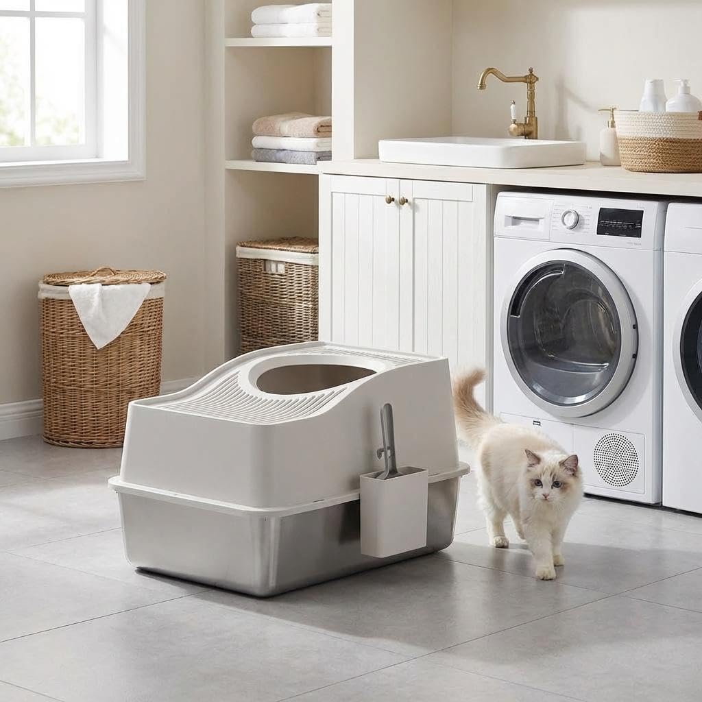 GarveeMore Stainless Steel Cat Litter Tray with Lid, Large Top Entry Enclosed Cat Toilet, High Sided Odour Control & Anti Tracking Cat Litter Box with Scoop & Mat (White, 15cm Base)