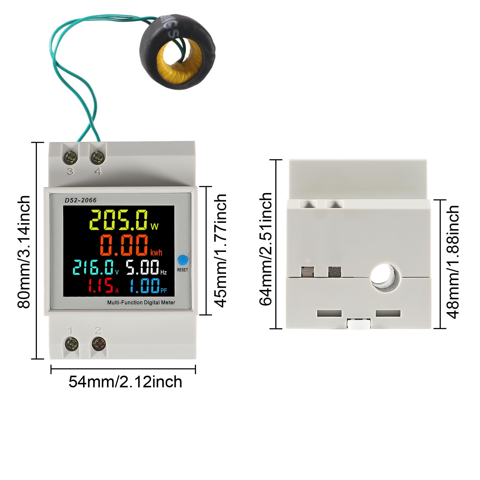 DWEII 2Pack Single Phase Energy Meter Din Rail Electricity Usage Monitor AC 40-300V 100A Voltmeter Ammeter Watt Kwh Frequency Power Meter External CT 110V