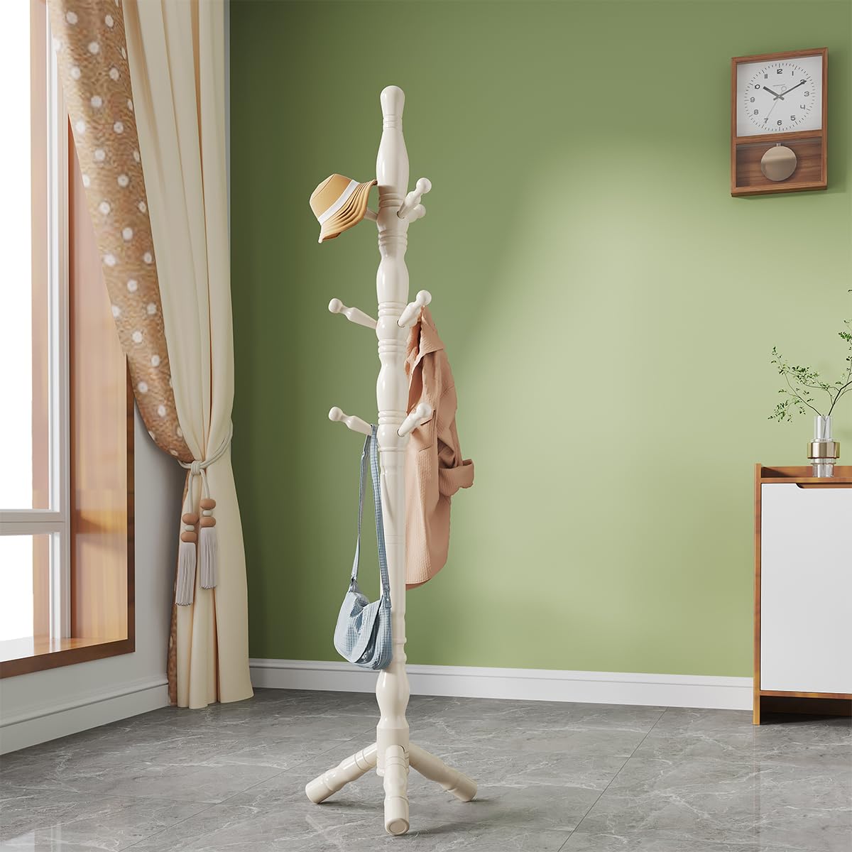 Multibao Sturdy Wooden Coat Rack Stand Vintage Posh Solid Wood 185cm with 9 Hooks Heavy Duty Free standing Hall Coat Hat Clothes Tree Stands for Hallway Entryway Bedroom Office (Cream White)