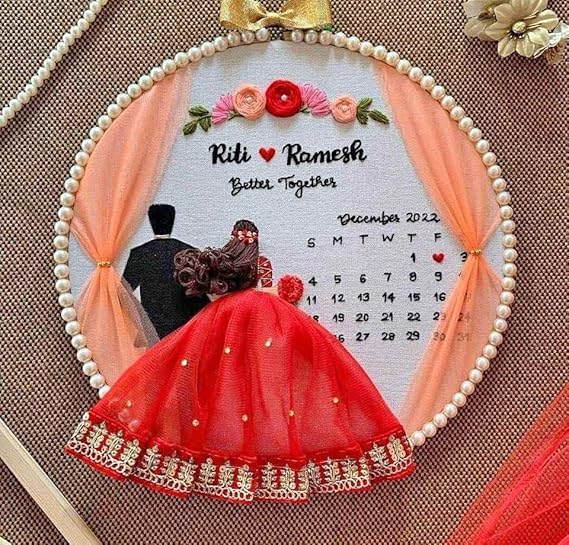 Personalised Wedding Dream Catcher, Handmade Embroidery Hoop Art with Tassels, Pearl Border and Purple Floral Design,Size - 10 Inches (1, Red)-image-26