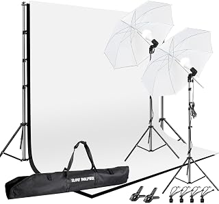 SLOWDOLPHIN 10x8.5ft Photography Studio Kit: White/Black Muslin Backdrops, 85W 5500K LED Bulbs, Umbrellas, 8.5ft Stands for Portraits & Video