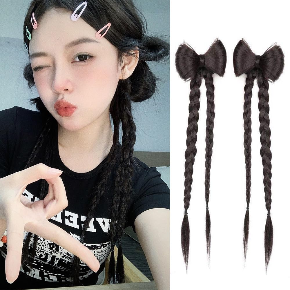 HAIR WALA™ 02 PCS Synthetic Hair Bow Rust Free Barrette Clip attached Twist Braids Hair Extensions, Brown, Decorative Hair Ponytail Pieces, Light Weight, (Brown)